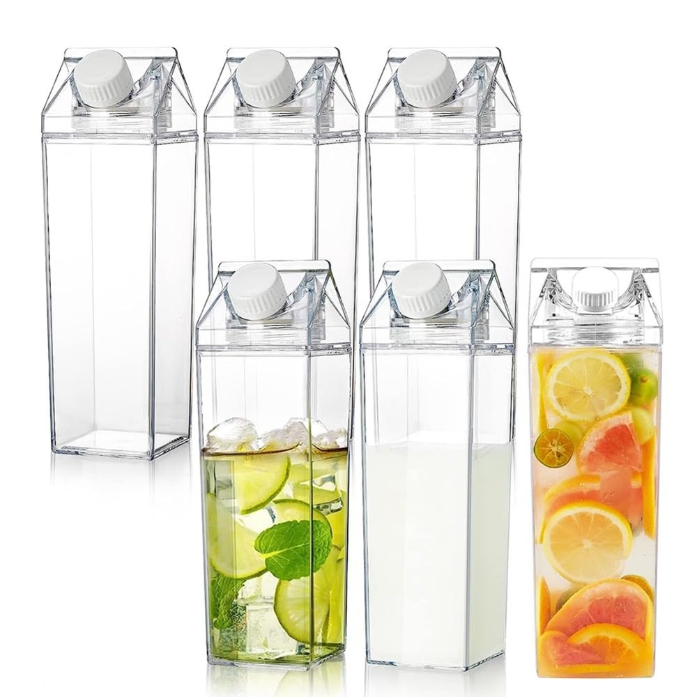 6 Pack Milk Carton Water Bottles 34oz/1000ml Leak Proof Plastic Water Bottle Reusable BPA Free Sports Water Bottle Carton Shaped Juice Milk Bottle for Gym Camping Hiking Travel Sports, Dishwasher Safe