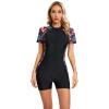 OBEEII Rash Guard for Women Short Sleeve One Piece Swimsuit Zip up Floral Print Boyleg Bathing Suit Surfing Wetsuit UPF 50 Tropical -Leaves XL view 4