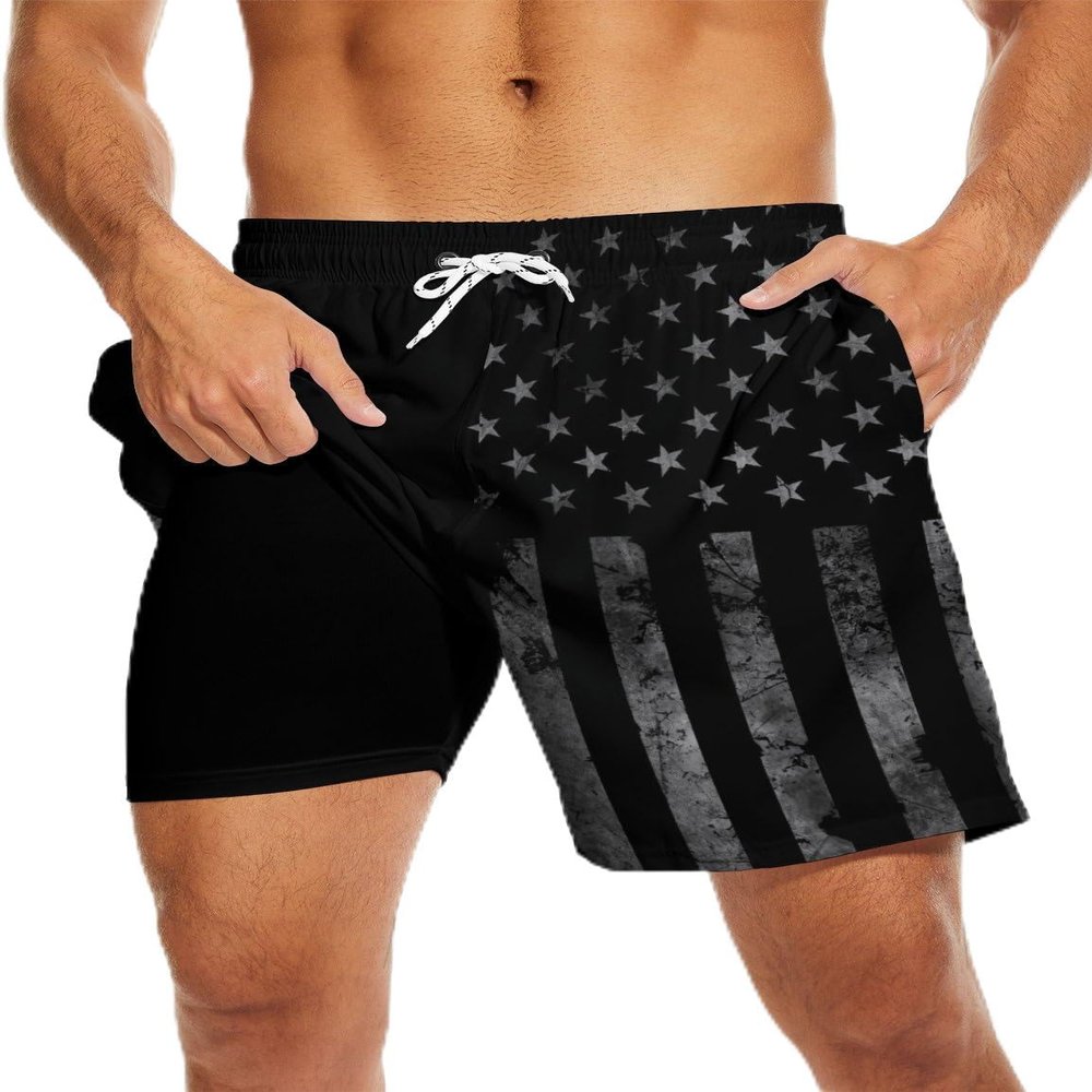MSCPZH American Flag Mens Swim Trunks 4th of July Swimming Trunks with Compression Liner US Flag Board Shorts 7 inch