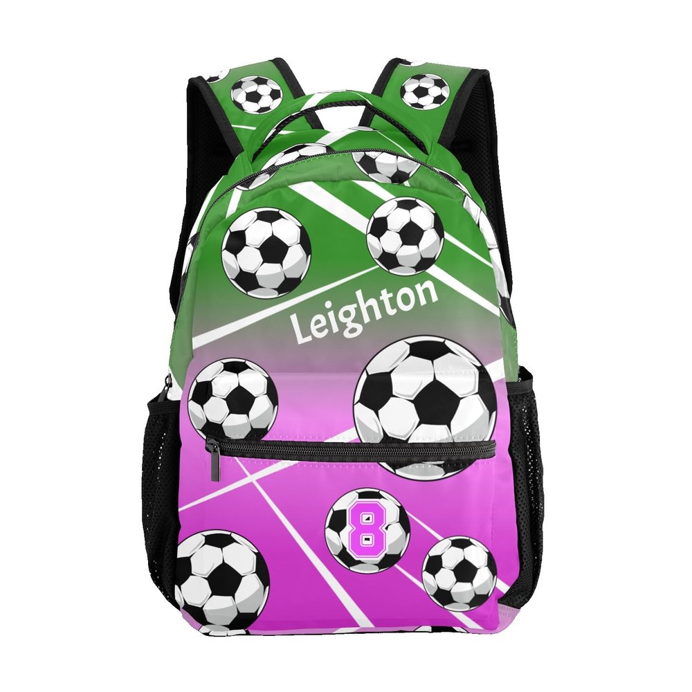 CUXWEOT Personalized Soccer Purple Green Waterproof School Backpack Custom Travel Bookbags for Gift