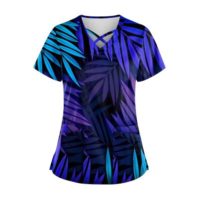 Scrub Tops Women Print Short Sleeve Working T-Shirts Criss Cross V Neck T Shirts Nurse Uniforms Scrub Top Royal Blue Scrubs Spring Blouses for Women 2024 Shirt Plus Size Scrubs2-Dark Blue,Large