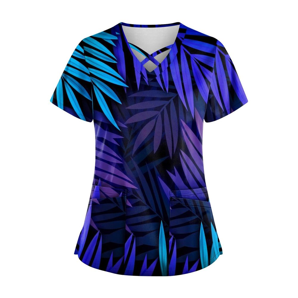 Scrub Tops Women Print Short Sleeve Working T-Shirts Criss Cross V Neck T Shirts Nurse Uniforms Scrub Top Royal Blue Scrubs Spring Blouses for Women 2024 Shirt Plus Size Scrubs2-Dark Blue,Large