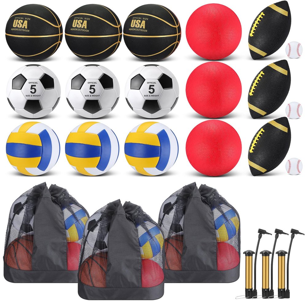 Leyndo 18 Pcs Sport Balls Bulk Set Basketball Football Volleyball Soccer Playground Baseball with Sport Equipment Bag Pump for Adults Gifts Outdoor Indoor(Black)