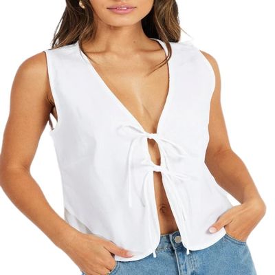 Adoeren Women Tie Front Vest Y2k Open Front Bow Tie Tank Crop Top Summer Cute Aesthetic Sleeveless Tops(B 66 White,L)
