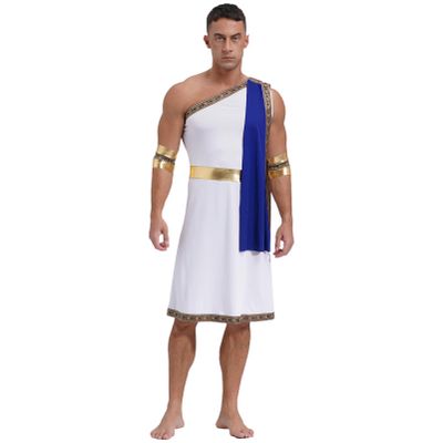 YOOJIA Mens Short Sleeve Ancient Greek Senator Robe Halloween Roman Toga Costume Caesar Party Fancy Dress One Shoulder Blue Medium