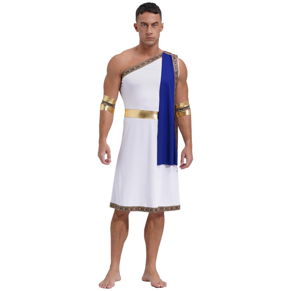 YOOJIA Mens Short Sleeve Ancient Greek Senator Robe Halloween Roman Toga Costume Caesar Party Fancy Dress One Shoulder Blue Medium