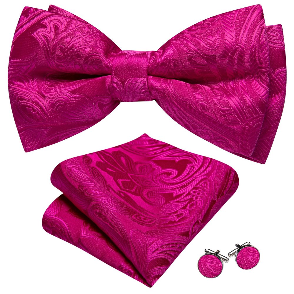 Barry.Wang Paisley Bow Ties for Men Classic Pre Tied Bowtie and Pocket Square Cufflinks Set Silk Hot Pink Bow Tie Gift