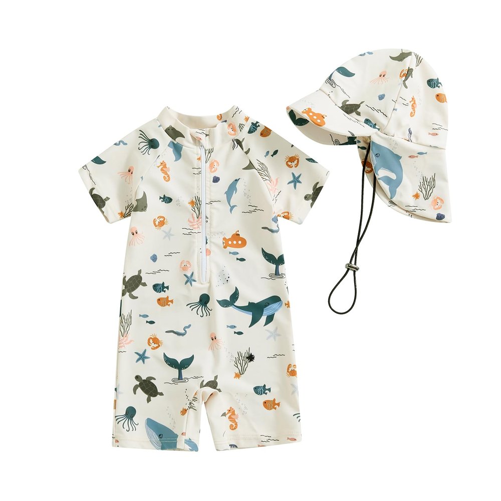Hnyenmcko Infant Baby Boy Girls Rash Guard Swimsuit Short Sleeve Zipper Bathing Suit Toddler One Piece Swimwear Sunsuit (Fi-Beige AS, 6-12 Months)