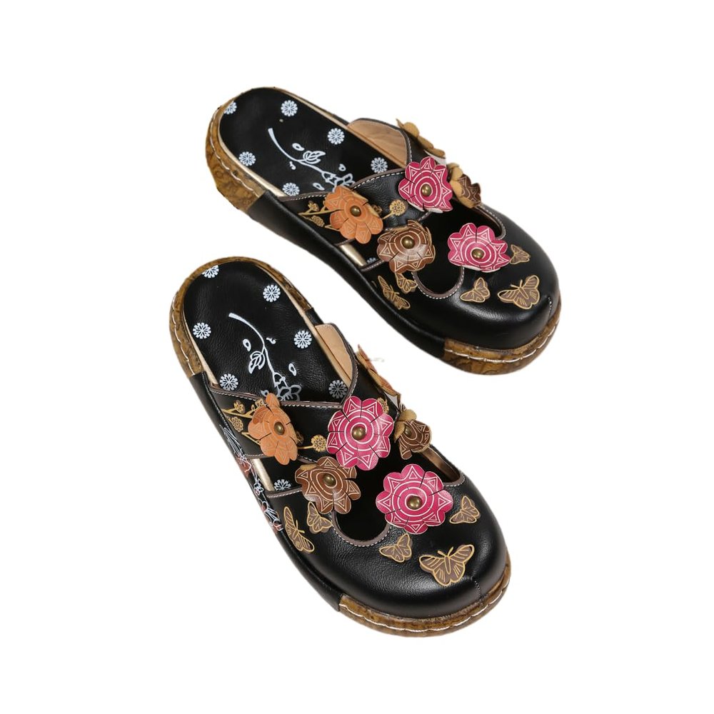 Hhhchpm Women's Wedge Mule Shoes, Flower Decor Cut-Out Floral Print Slide Sandals, Tribal Style Slip On Shoes (Black,7.5)