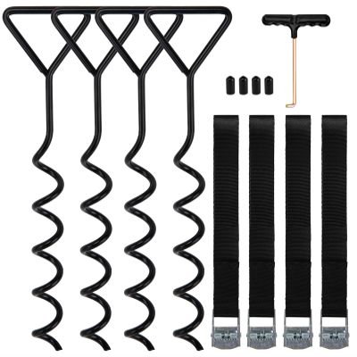 Trampoline Tie Down Anchor Kit, Corkscrew Shape Steel Trampoline Stakes Anchors High Wind Heavy Duty, Trampoline Tie Downs with T Hook for Trampolines, Spiral Ground Stakes (Set of 4)