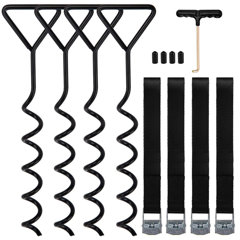 Trampoline Tie Down Anchor Kit, Corkscrew Shape Steel Trampoline Stakes Anchors High Wind Heavy Duty, Trampoline Tie Downs with T Hook for Trampolines, Spiral Ground Stakes (Set of 4)