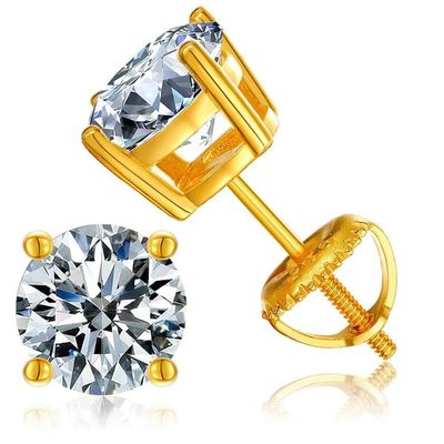 18K Yellow Gold 3 Carat Round Moissanite Screw Back Stud Earrings Plated By Paris Jewelry