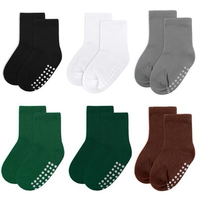 jealkip 6 Pack Baby Socks and Toddler Socks,Soft Cotton Crew Socks with Non-Slip Grips for Infants,Boys and Girls,2-4T,(Black/White/Gray/Green/DarkGreen/Maroon)