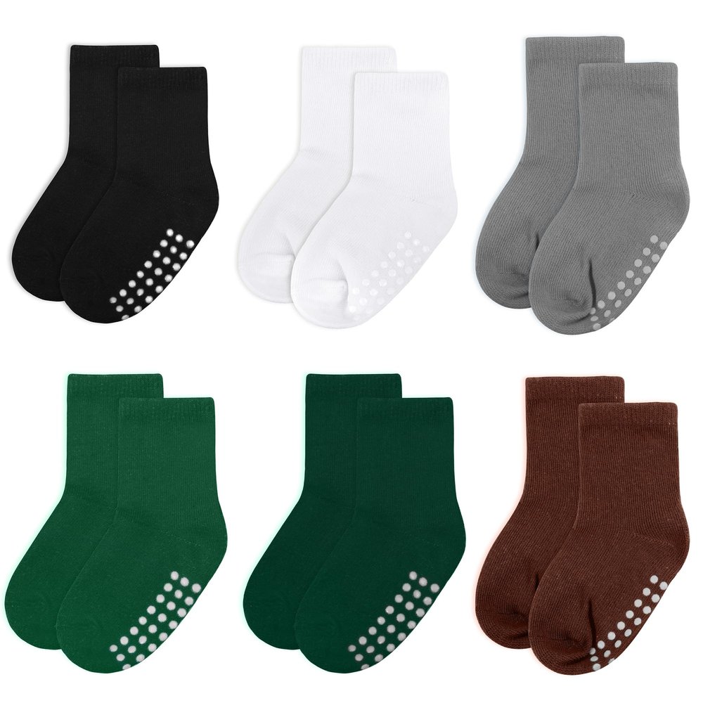 jealkip 6 Pack Baby Socks and Toddler Socks,Soft Cotton Crew Socks with Non-Slip Grips for Infants,Boys and Girls,2-4T,(Black/White/Gray/Green/DarkGreen/Maroon)