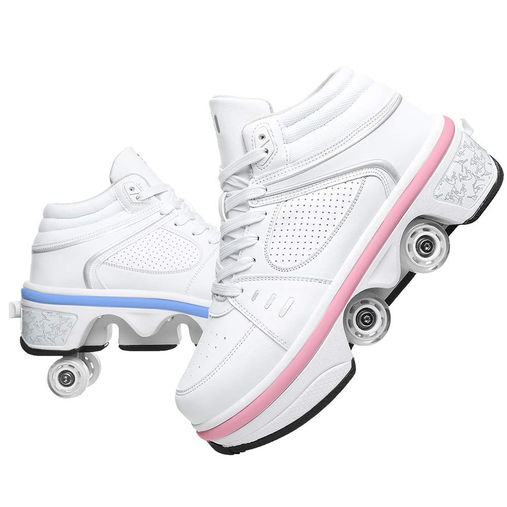 Roller Skate Shoes for Women, Double-Row Deform Quad Roller Skates, Automatic Walking Shoes Detachable Roller Skate, Shoes with Wheels for Girls Boys, Skating Shoes Unisex (White led, US 5)