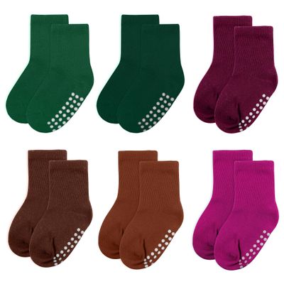 jealkip 6 Pack Baby Socks and Toddler Socks,Soft Cotton Crew Socks with Non-Slip Grips for Infants,Boys and Girls,2-4T,(Green/DarkGreen/RedBrown/Maroon/Caramel/Magenta)
