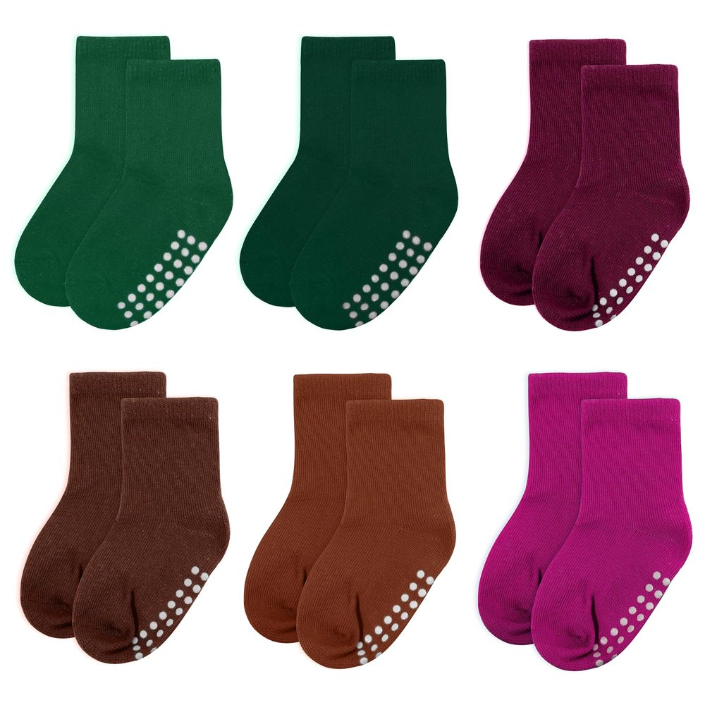 jealkip 6 Pack Baby Socks and Toddler Socks,Soft Cotton Crew Socks with Non-Slip Grips for Infants,Boys and Girls,2-4T,(Green/DarkGreen/RedBrown/Maroon/Caramel/Magenta)