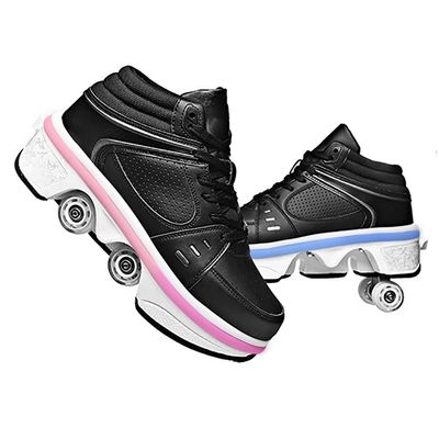 WSROYW Roller Skate Shoes for Women, Double-Row Deform Quad Roller Skates, Automatic Walking Shoes Detachable Roller Skate, Shoes with Wheels for Girls Boys, Skating Shoes Unisex (Black led, US 8)