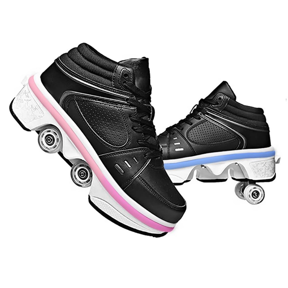 WSROYW Roller Skate Shoes for Women, Double-Row Deform Quad Roller Skates, Automatic Walking Shoes Detachable Roller Skate, Shoes with Wheels for Girls Boys, Skating Shoes Unisex (Black led, US 8)
