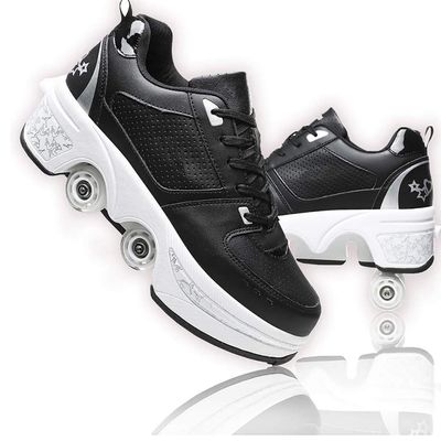 Roller Skates for Women & Girls, Double-Row Deform Quad Skates, Automatic Walking Shoes with Detachable Wheels, Unisex Skating Shoes (Black Silver, US 9)