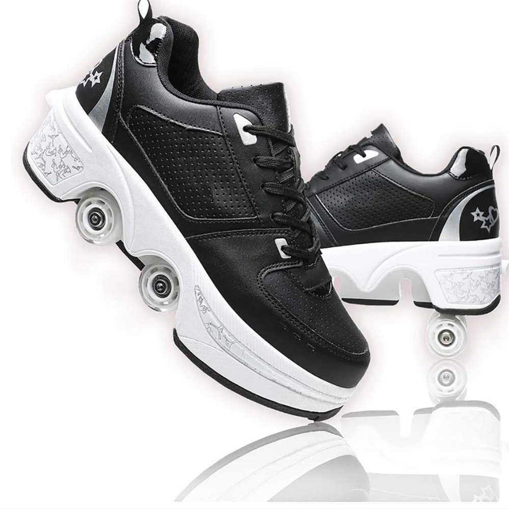 Roller Skates for Women & Girls, Double-Row Deform Quad Skates, Automatic Walking Shoes with Detachable Wheels, Unisex Skating Shoes (Black Silver, US 9)