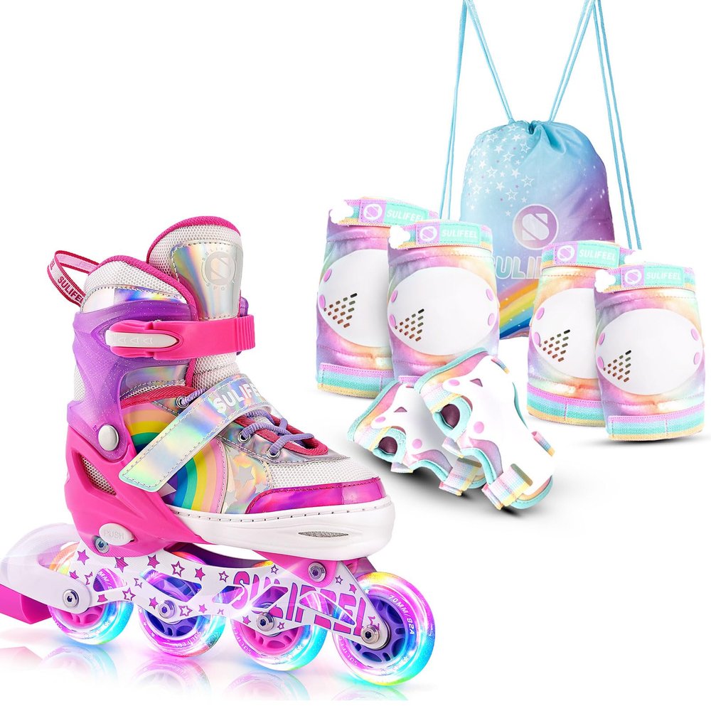 SULIFEEL Rainbow Unicorn Inline Skates for Kids with Adjustable Protective Gear Set Dazzle Small