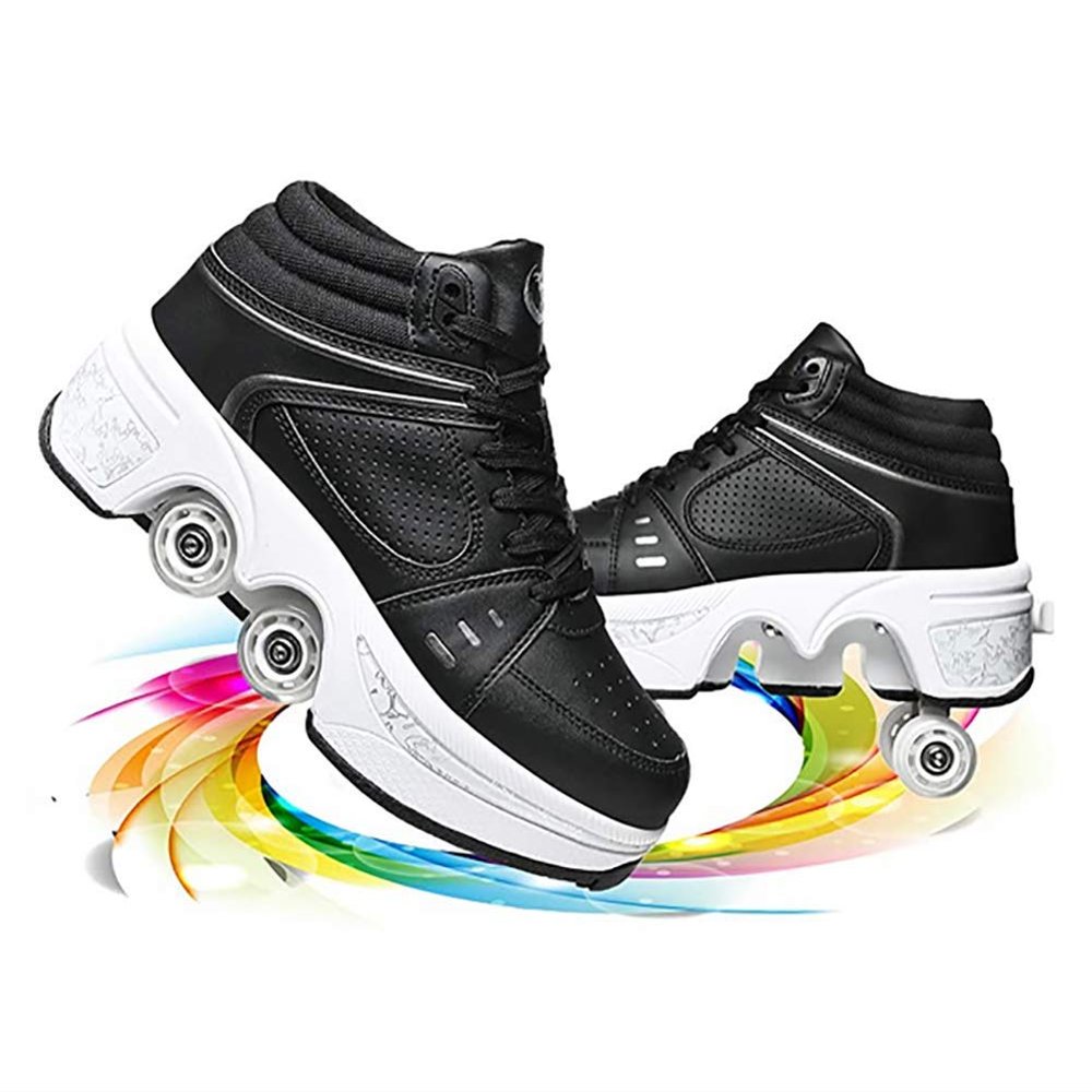 Roller Skate Shoes for Women, Double-Row Deform Quad Roller Skates, Automatic Walking Shoes Detachable Roller Skate, Shoes with Wheels for Girls Boys, Skating Shoes Unisex (Black High, US 9.5)