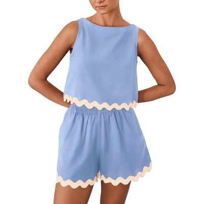 Womens 2024 Summer 2 Piece Ste Tank Top and Shorts Pajama Sets Sleeveless Casual Lounge Sleepwear Ladies Pjs Sets Lounge Outfits Crop Top and High Waisted Shorts Blue
