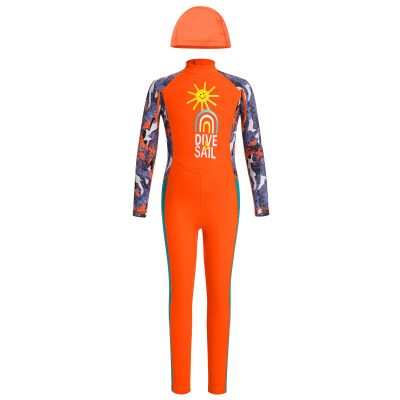 OBEEII Full Body Swimsuit for Boys Girls Long Sleeve Rash Guard Swimwear Kids Wetsuit Sun Protection UPF 50+ One Piece Bathing Suit Quick-Drying Surfing Diving Suit Orange 11-12 Years