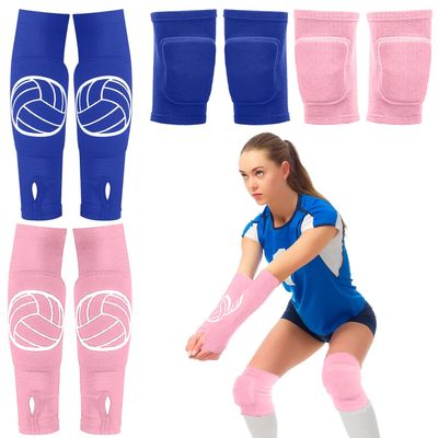 Sosation 2 Set Volleyball Knee Pads and Volleyball Arm Sleeves with Protection Pad Compression Forearm Wrist Guard with Thumb Hole Soft Breathable for Hitting Passing(Pink, Blue)