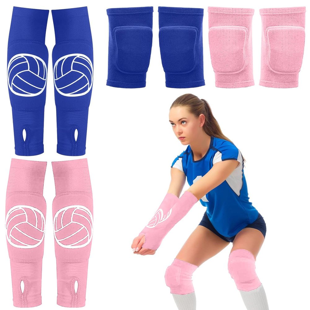 Sosation 2 Set Volleyball Knee Pads and Volleyball Arm Sleeves with Protection Pad Compression Forearm Wrist Guard with Thumb Hole Soft Breathable for Hitting Passing(Pink, Blue)