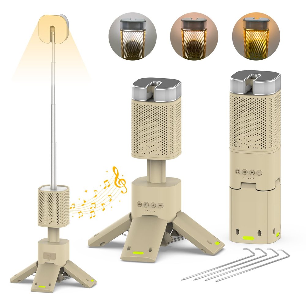 Hiwevvy Camping Lantern, 14000mAh Rechargeable Telescopic Camping Lights Built-in Magnetic Stand with Speaker, Portable Waterproof Outdoor LED Flashlight for Emergency, Hiking, Camping, Fishing -Khaki