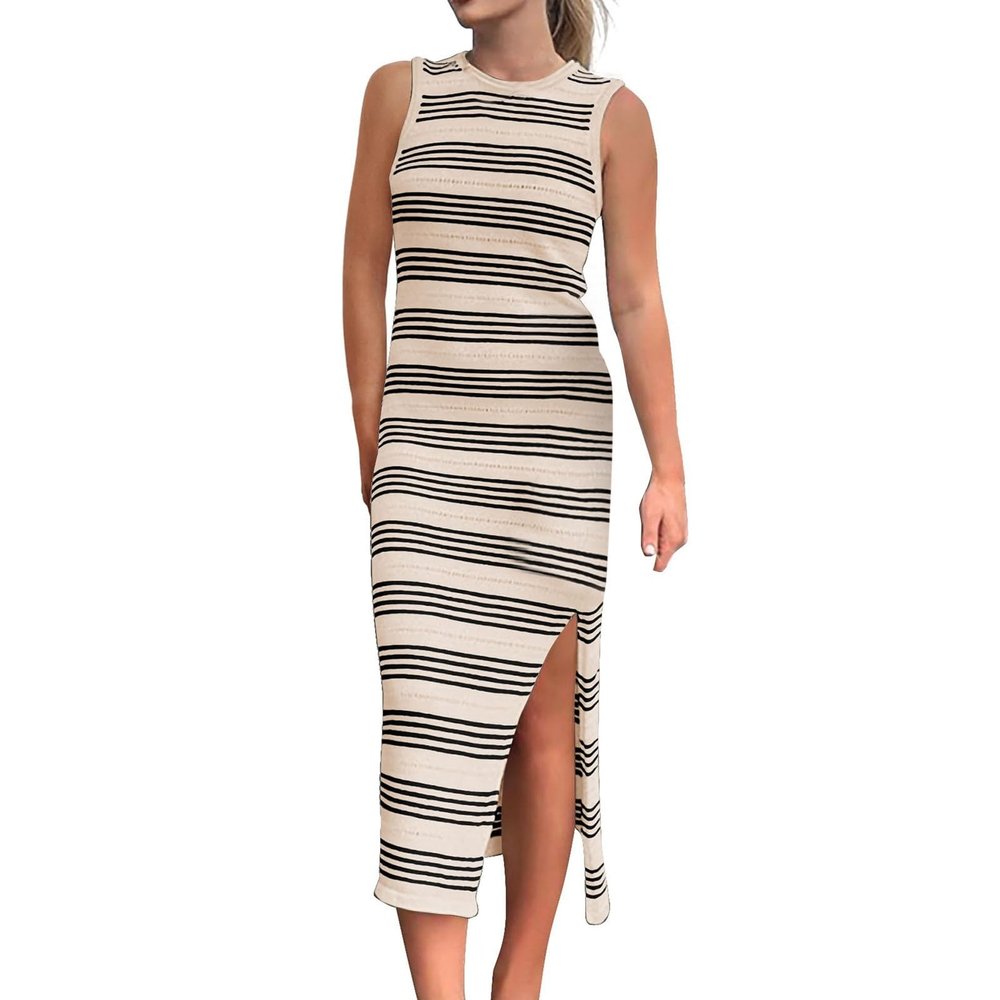 Angxiwan Sundresses for Women 2024 Crew Neck Sleeveless Midi Dress Slim Fit Striped Split Tank Dress Sun Dress Summer Dresses Khaki