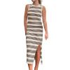 Angxiwan Sundresses for Women 2024 Crew Neck Sleeveless Midi Dress Slim Fit Striped Split Tank Dress Sun Dress Summer Dresses Khaki view 1