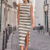 Angxiwan Sundresses for Women 2024 Crew Neck Sleeveless Midi Dress Slim Fit Striped Split Tank Dress Sun Dress Summer Dresses Khaki view 3