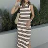 Angxiwan Sundresses for Women 2024 Crew Neck Sleeveless Midi Dress Slim Fit Striped Split Tank Dress Sun Dress Summer Dresses Khaki view 4