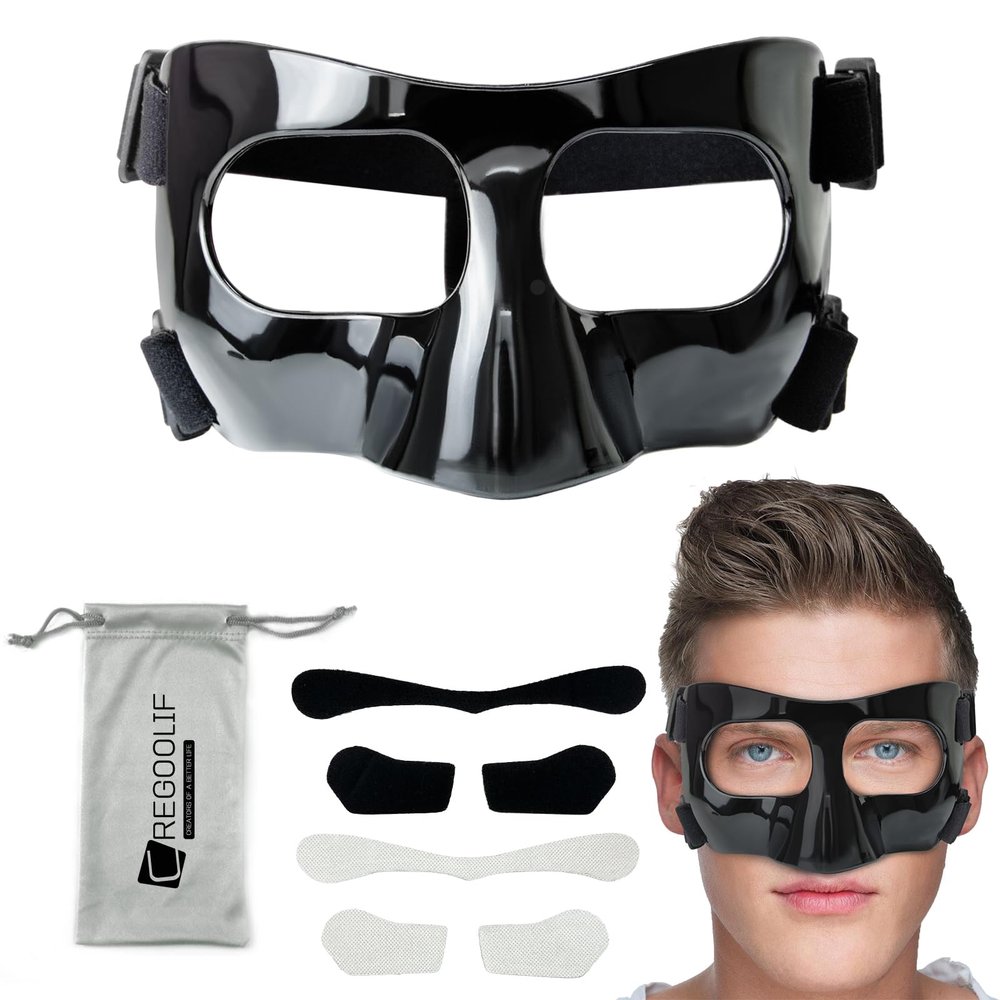 CREGOOLIF Nose Guard for Broken Nose,Protective Face Masks for Basketball and Soccer Sports,Adjustable Face Mask with Foam Padding for Men and Women, Black