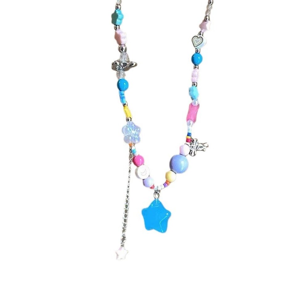 LZSUFDSK 2023 New Colorful Beaded Star Necklace Female Niche Design Sense Internet Red Clavicle Chain Dopamine Sweet Cool Babes