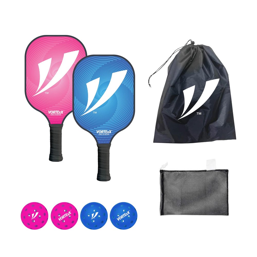 VORTExX Fiberglass Pickleball Paddles Set of 2 - USAPA Approved, Non-Slip Grip Pickle Ball Rackets 2 Pack Complete w/Indoor, Outdoor Balls & Carry Bag (Pink & Blue)
