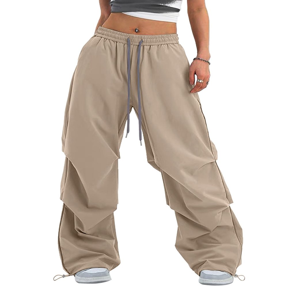 Bakyarder Womens Y2K Baggy Parachute Pants High Waist Wide Leg Casual Track Pants for Dance Training with Adjustable Drawstring Waist Apricot Medium