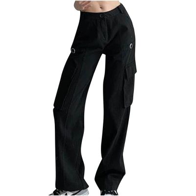 Cargo Pants Womens High Waisted Wide Leg Pants with Pockets Baggy Fashion Y2k Parachute Pants Jogger Hiking Trousers Black