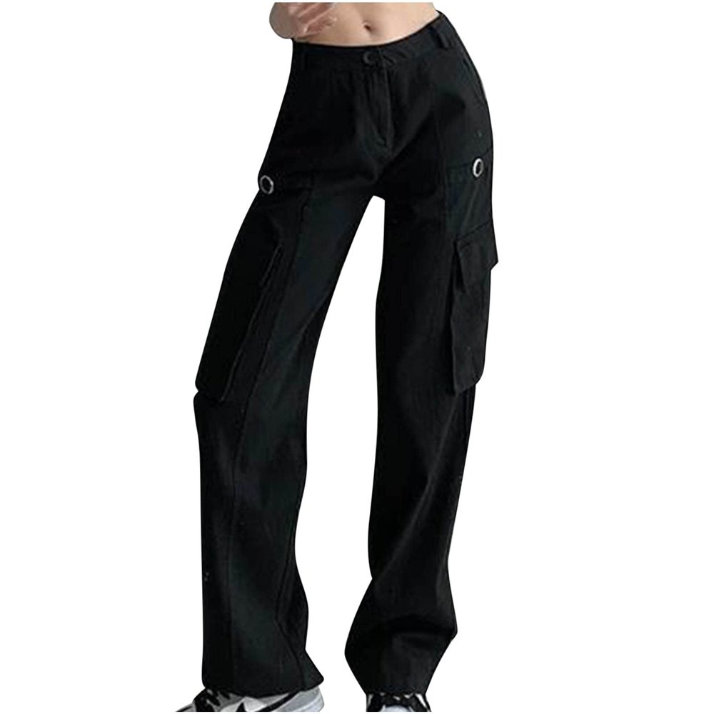 Cargo Pants Womens High Waisted Wide Leg Pants with Pockets Baggy Fashion Y2k Parachute Pants Jogger Hiking Trousers Black