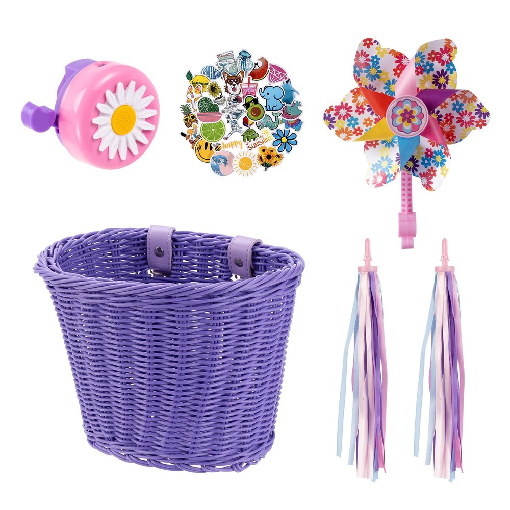 Bike Basket Kids, Purple Girls Bike Basket Front Bike Accessories, Kids Bicycle Basket with Stickers, Bike Bell, Windmill, and 1 Pairs Colorful Ribbons Tassels (Purple Basket)