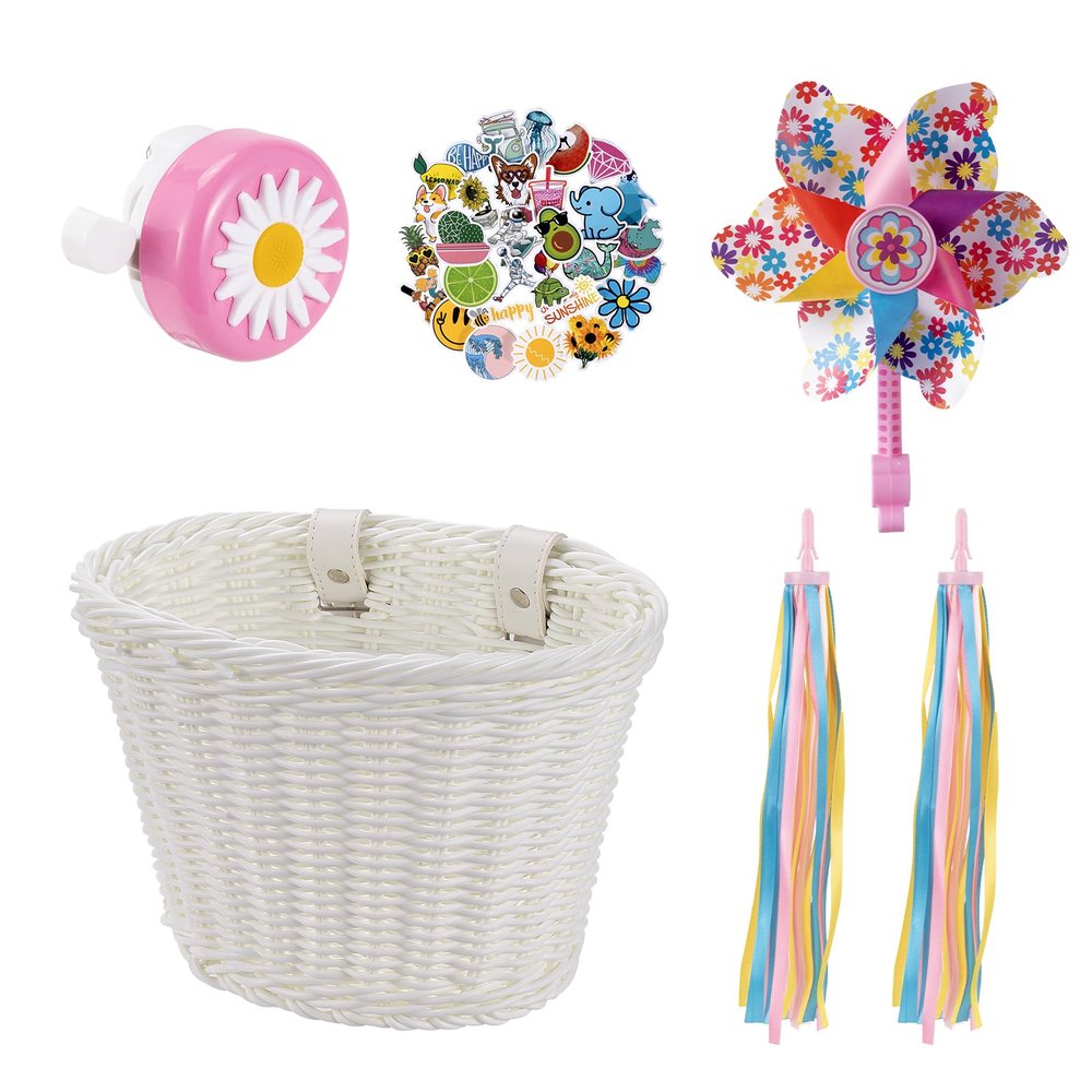 Bike Basket Kids, White Girls Bike Basket Front Bike Accessories, Kids Bicycle Basket with Stickers, Bike Bell, Windmill, and 1 Pairs Colorful Ribbons (White Basket)