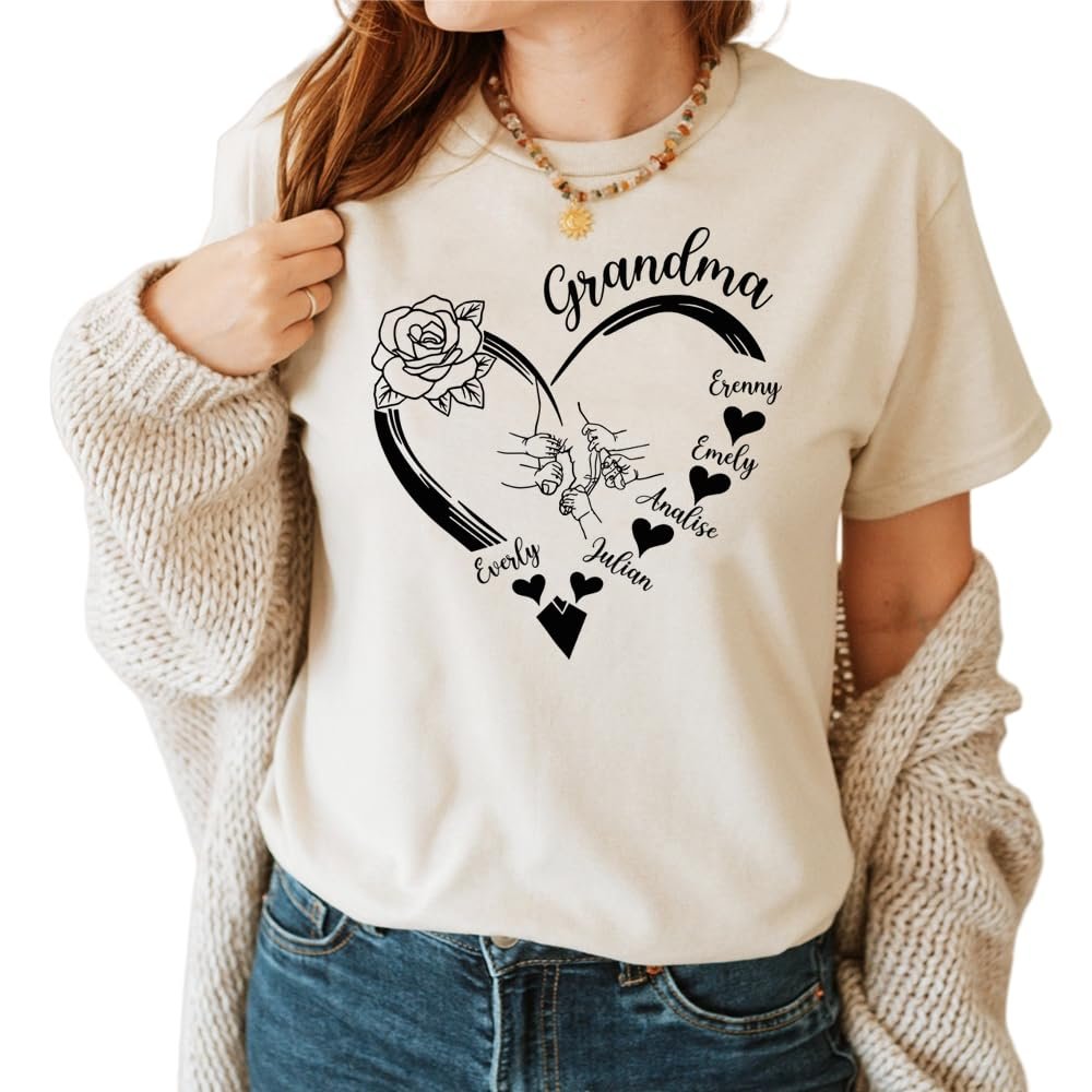 IZI POD Personalized Grandma Shirts for Women,Custom Grandma Heart Shirt with Grandkids Name, Grandma Heart Shirt, Gifts for Grandma, Grandma Shirt, for Grandma, Small-4X-Large, Design 14