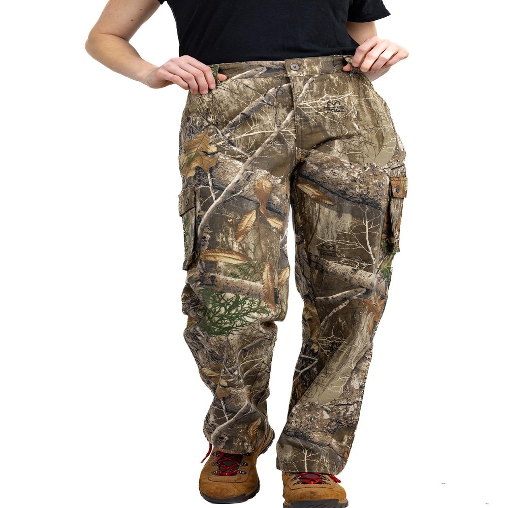 Realtree Women's Edge Camo Hunting Cargo Pants - Lightweight Cotton 6 Pockets Mid-Rise Slim Fit