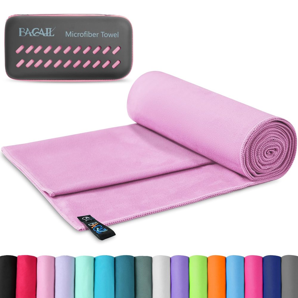 BAGAIL Camping Towel with EVA Case, Compact & Ultra Soft Microfiber Travel Towel - Super Absorbent & Lightweight Quick Dry Towels for Sports, Beach, Gym, Backpacking, Hiking and Yoga - Pink, S