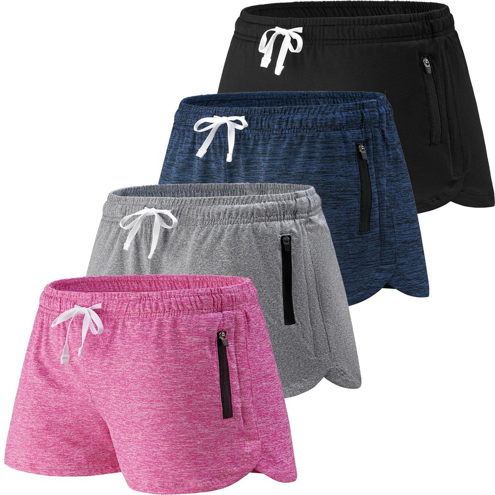 4 Pack Youth Girls Athletic Shorts 3", Girls Soccer Shorts, Kids Workout Gym Clothes Activewear Apparel with Zipper Pockets (Set 5, Large)