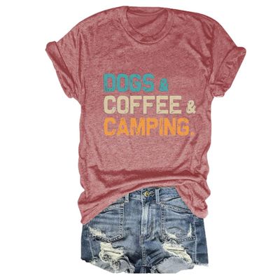Dogs Coffee Camping Shirt, Camping Birthday Gift Tees, Dog Lover T Shirt for Women Adventure Vacation Summer Tops