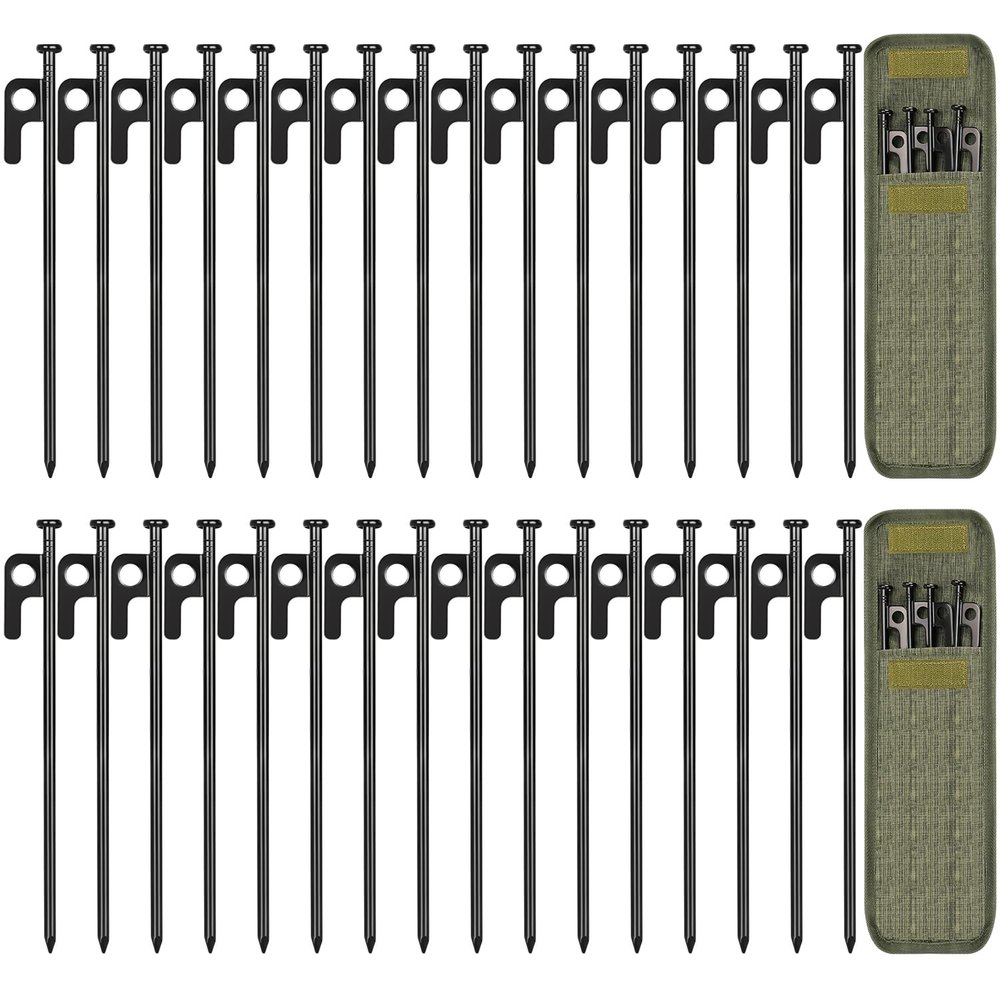 32 Pack Tent Stakes, 8in Heavy Duty Tent Stakes with Storage Bag, Forged Steel Tent Pegs for Camping